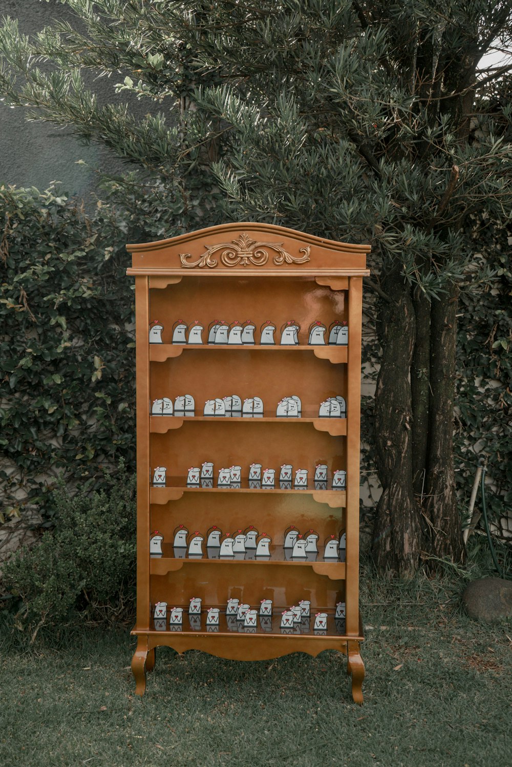 a wooden display case filled with lots of cups