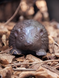 A small, round hedgehog figurine or sculpture sits among a bed of brown wood chips or mulch. The figure appears to be made of a dark material, possibly metal, with some visible wear and age. Its textured surface resembles the spiky fur of a hedgehog, with detailed features such as eyes, nose, and ears.