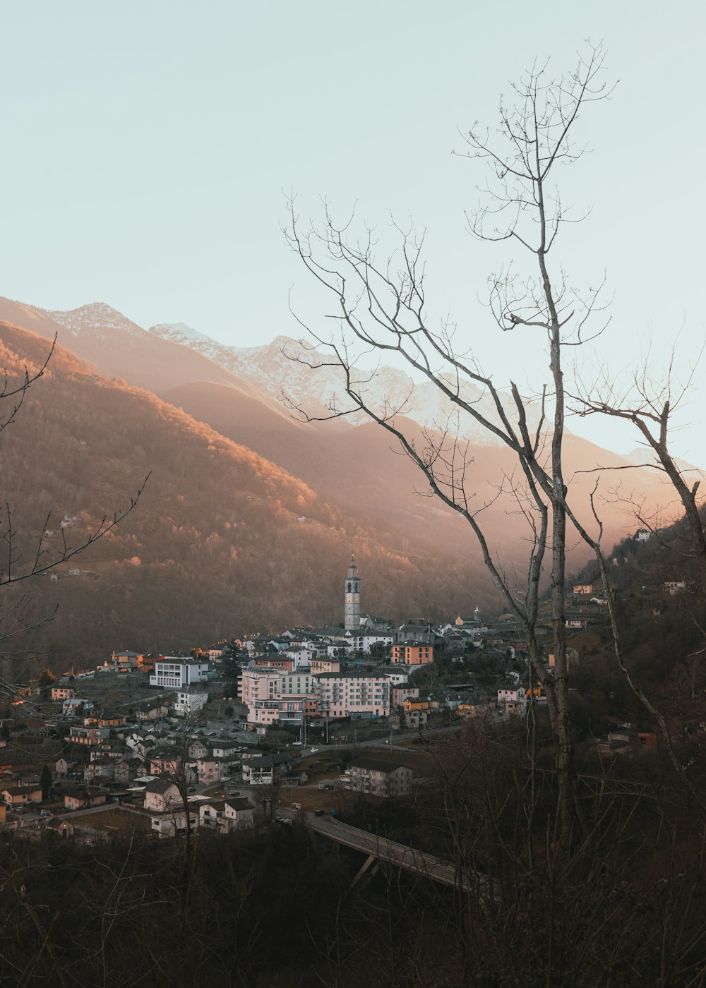 a view of a town with mountains in the background