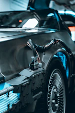 a close up of a car on display at a car show