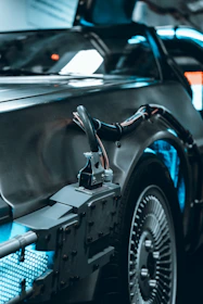 a close up of a car on display at a car show