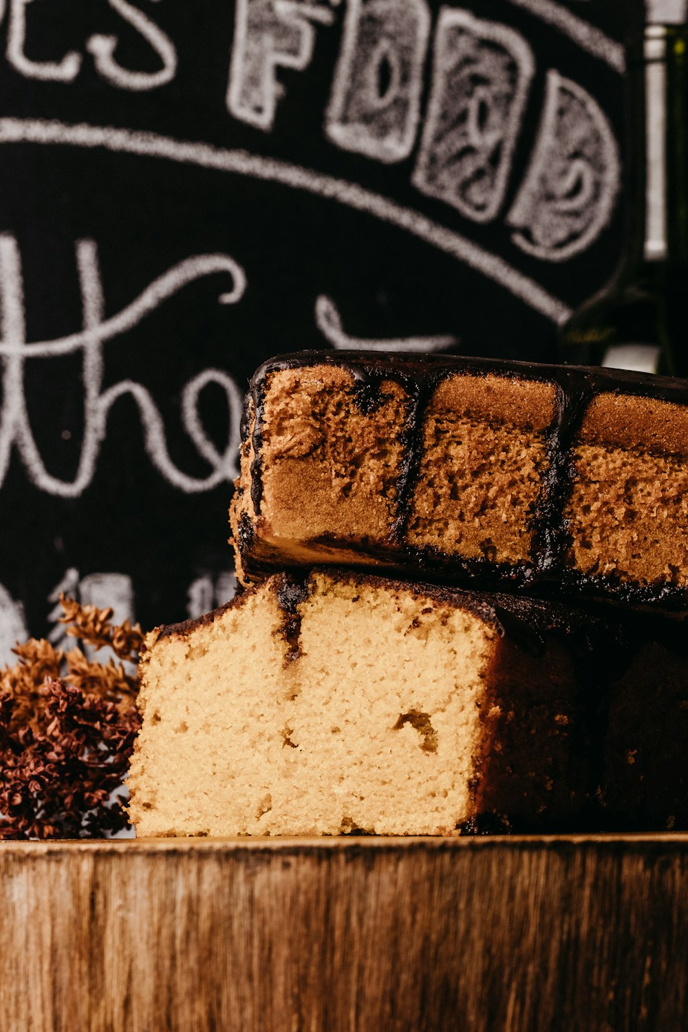 a piece of cake sitting on top of a wooden table