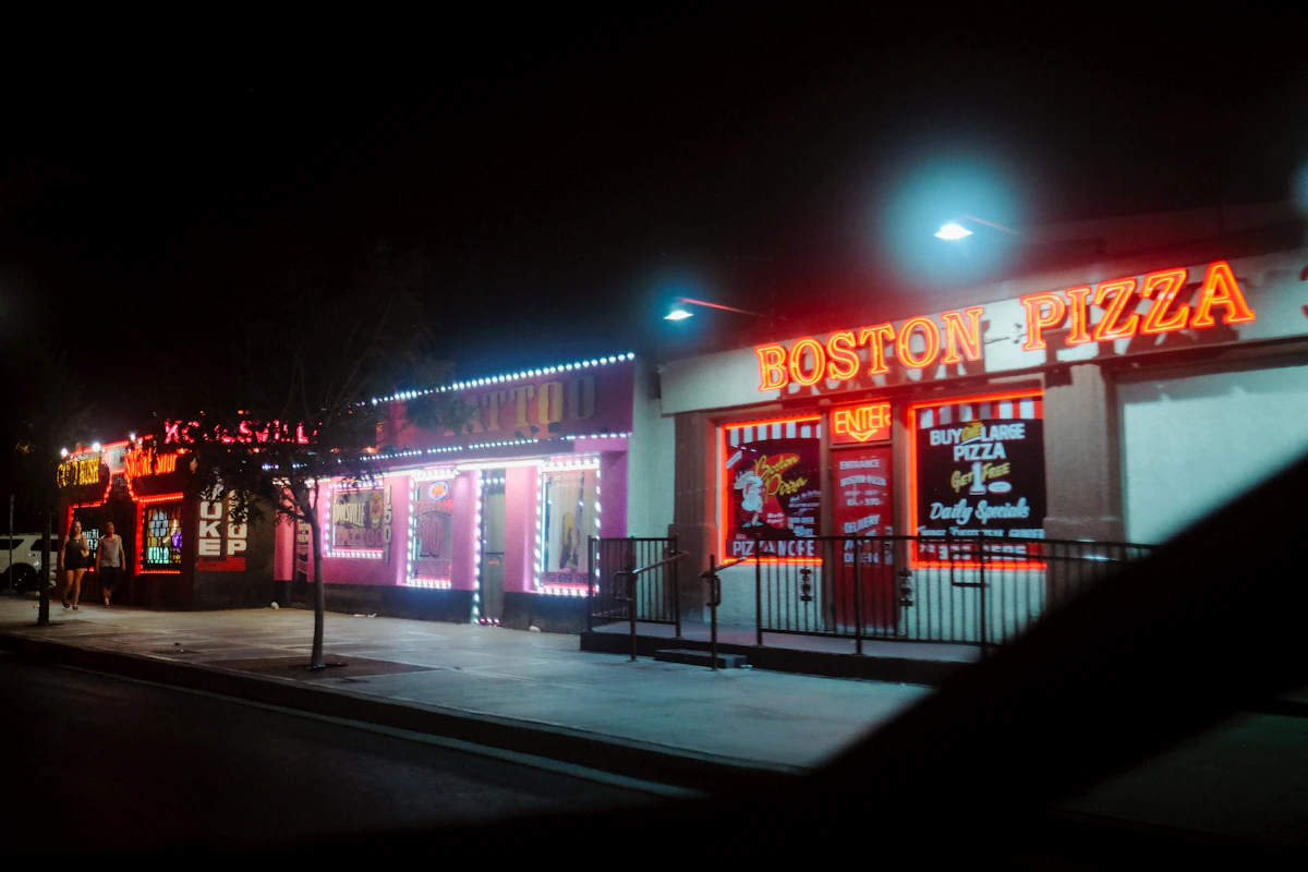 Neon-lit restaurant at night