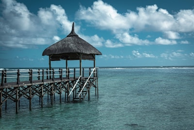 a pier with a thatched roof over the ocean