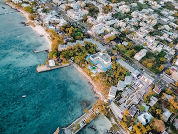An aerial view of a coastal town featuring a mix of residential and commercial buildings surrounded by lush greenery. The coastline is lined with sandy beaches and turquoise waters, with a few docks extending into the ocean. The area is populated with palm trees, adding a tropical feel to the scene.