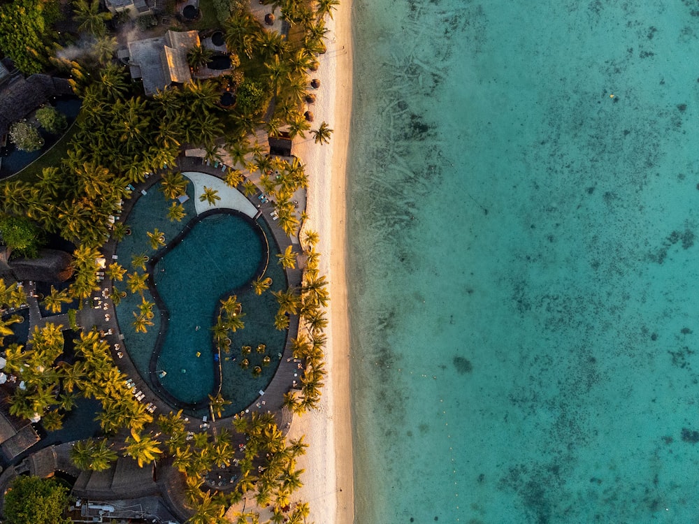 an aerial view of a beach and a resort