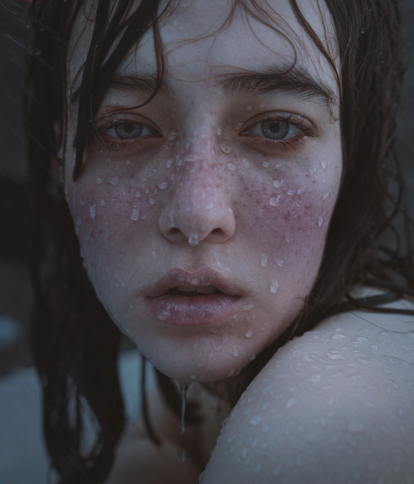 Close-up beauty portrait of a woman's face with visible natural freckles across the cheeks and nose in soft natural light