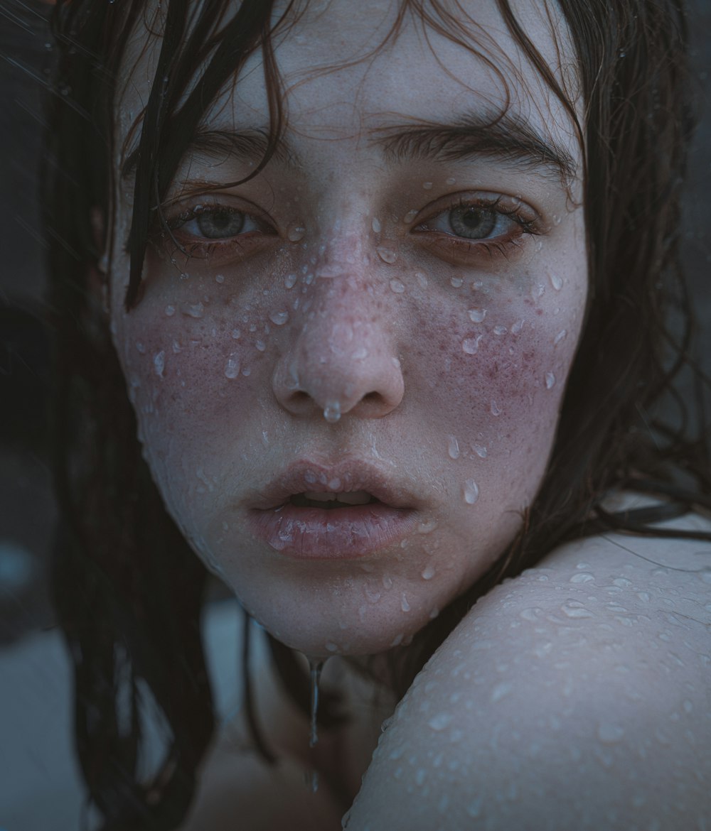 a close up of a woman with freckles on her face