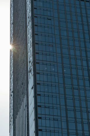 A sleek modern office building in Dubai with golden sunlight reflecting off its glass facade.