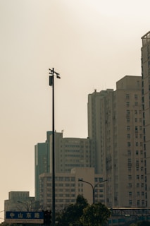 a city skyline with tall buildings and a street light