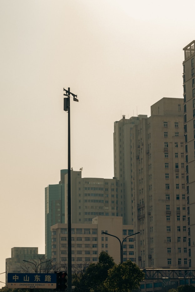a city skyline with tall buildings and a street light