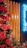 A vibrant floral arrangement with large, lush red and pink roses is set against a backdrop of vertical wooden panels. A neon sign in bright blue spells out 'Bloom' on the right, adding a modern touch to the scene.