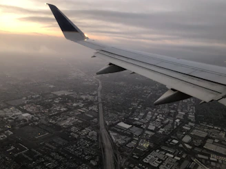 A panoramic view of a bustling city skyline from a plane window at dawn