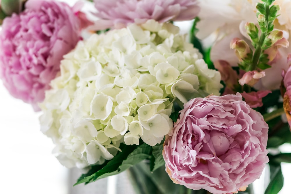 a vase filled with pink and white flowers