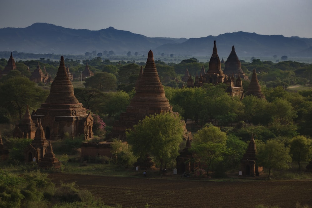 a large group of temples in the middle of a field