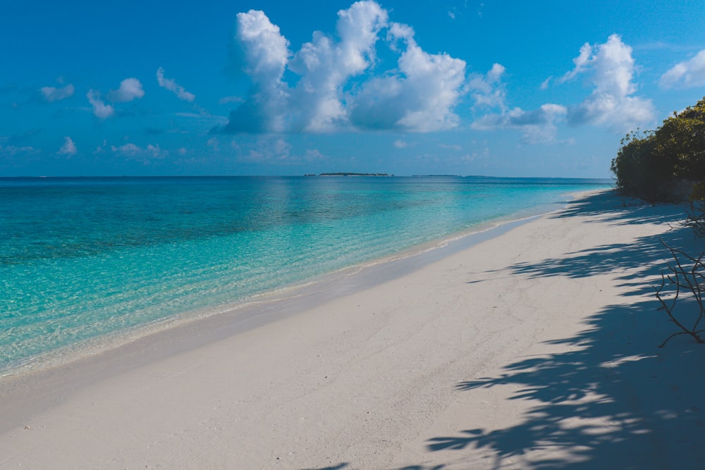 a sandy beach with clear blue water on a sunny day