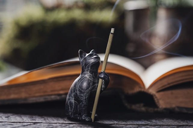 A carved stone figure of a cat holding a thin incense stick is placed in front of an open book. Wisps of smoke rise gently from the incense, creating a serene and mystical atmosphere. The background contains blurred greenery, adding to the tranquil setting.
