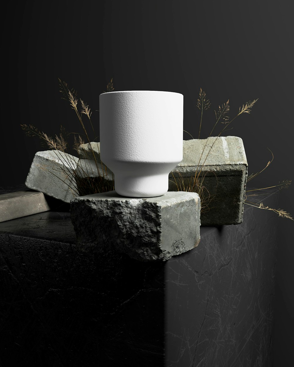 a white cup sitting on top of a black table