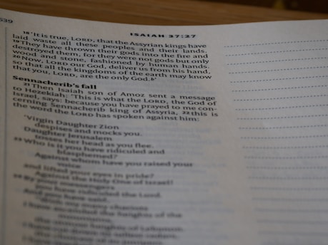A close-up of a page from a book, focusing on text related to religious scripture, specifically from the book of Isaiah 37:27. The text is neatly printed in a column with section headings. The page is white with lined spaces on the right side.