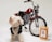 A small, fluffy dog wearing a black leather jacket stands confidently beside a retro-style motorcycle with a bold red gas tank and chrome details. In front of the motorcycle is a packet labeled 'Dad Grass'. The background is plain, enhancing the focus on the dog, motorcycle, and packaging.