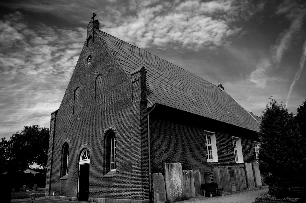 a black and white photo of a church