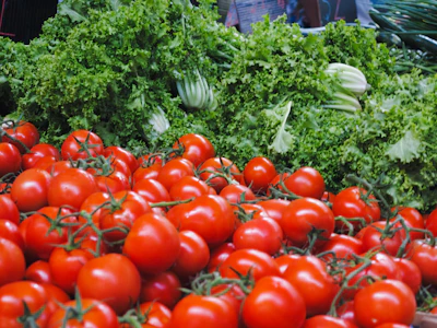 Close-up of fresh tomatoes and peppers freshly picked from the farm.