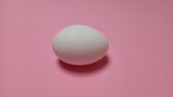 A single white egg is placed on a smooth pink surface, casting a subtle shadow.