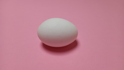 A single white egg is placed on a smooth pink surface, casting a subtle shadow.