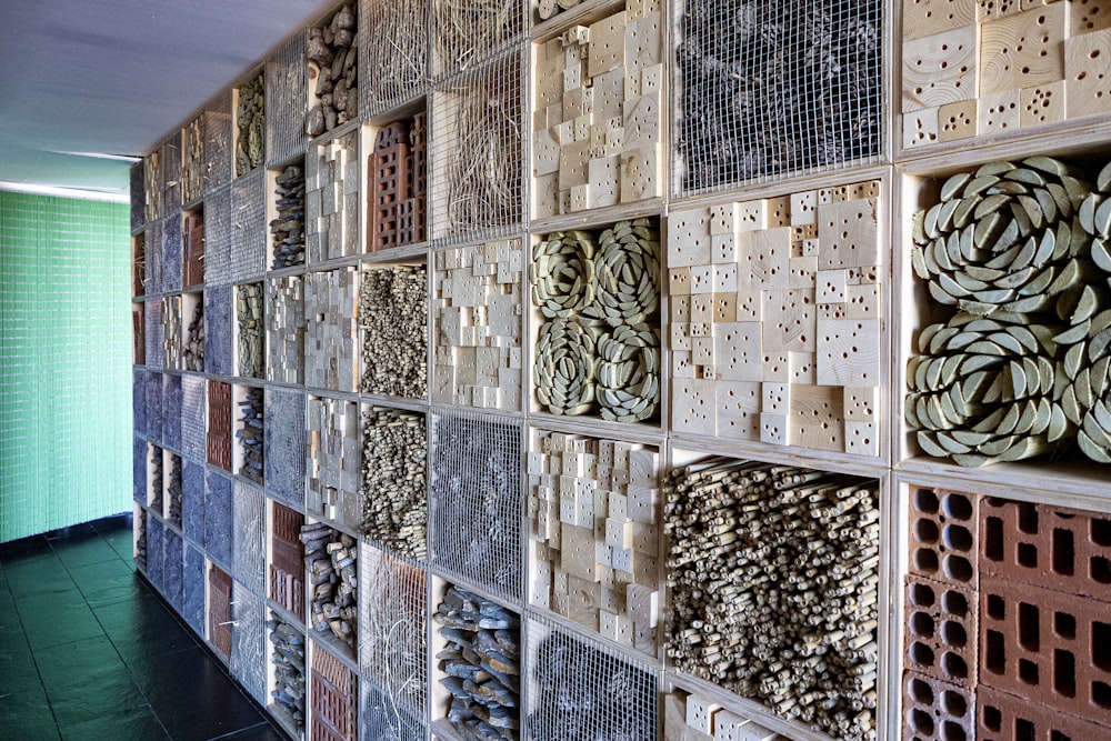 a wall with a bunch of tiles on it