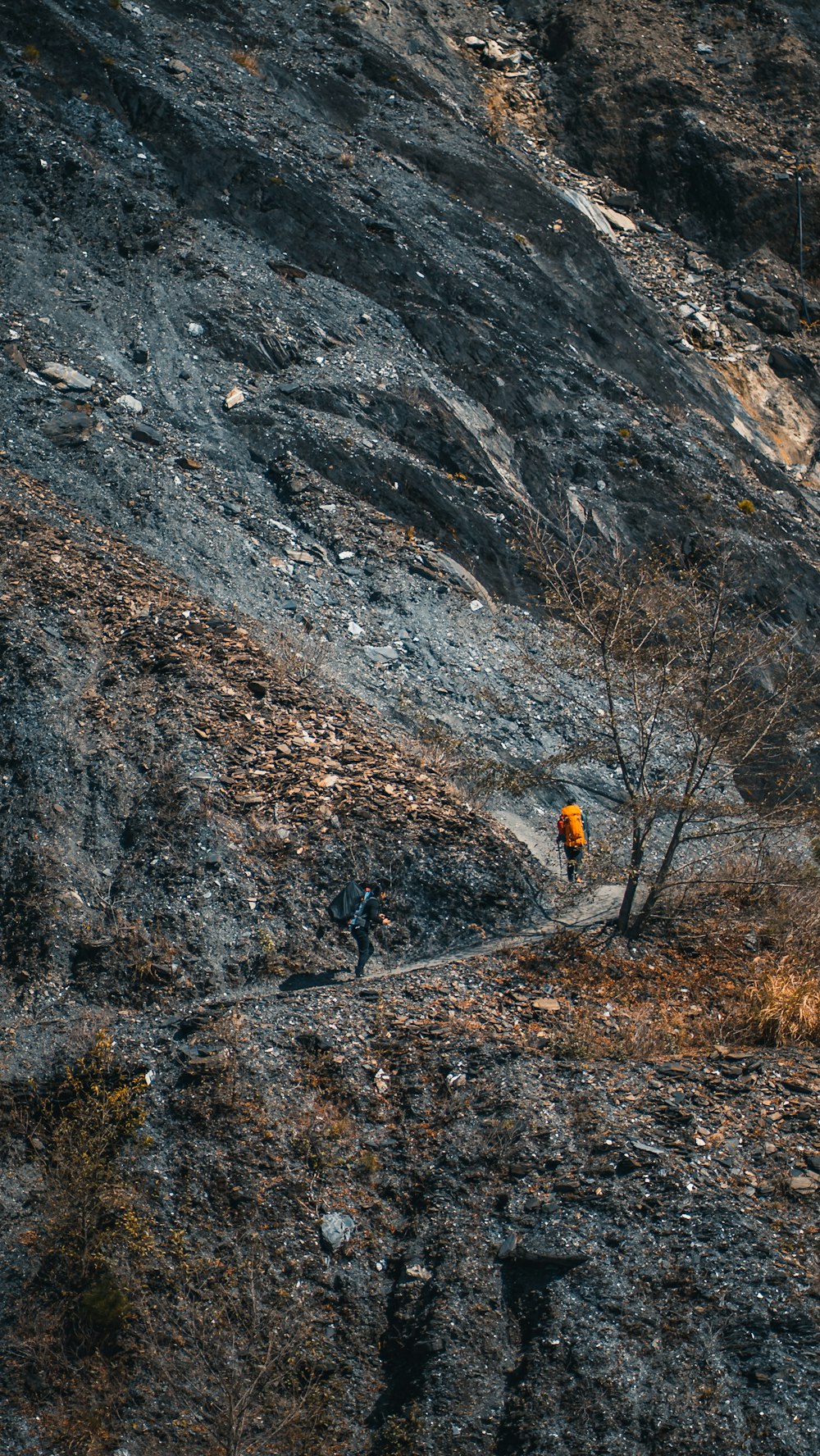 a person walking up a trail in the mountains