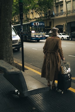 A person wearing a long brown coat and a hat is standing on the sidewalk with a rolling suitcase and a handbag. The scene is set in an urban environment, with a bus numbered 64 in the background and several parked cars along the street. A concrete bench and a tree are visible on the left side, suggesting a bus stop or waiting area.