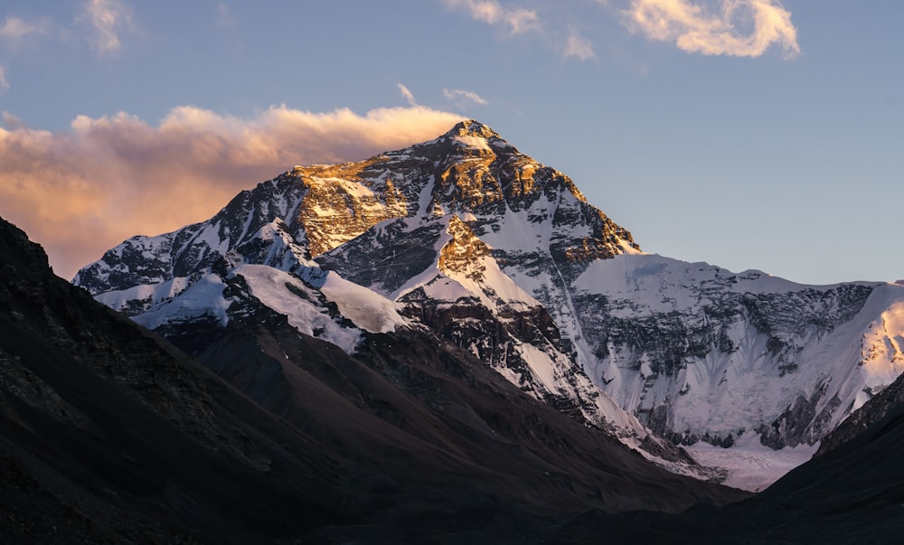 a snow covered mountain with clouds in the sky