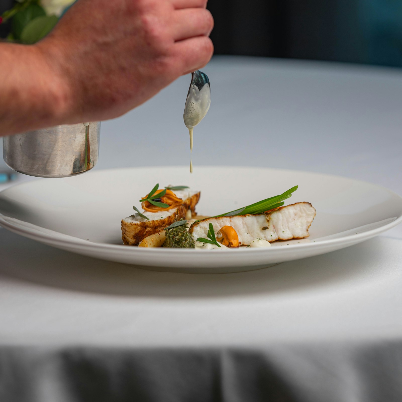 Un poisson et des herbes dans une assiette blanche, sauce versée au-dessus