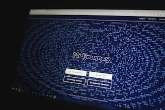 A website homepage displayed on a computer screen featuring a design made up of various letters and symbols, forming an artistic pattern around the central text that reads 'Midjourney'. Below the text, there are navigational options such as 'Join the Beta', 'Sign In', 'Getting Started', and 'Community Showcase'. The background is predominantly dark with white text.