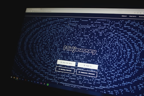 A website homepage displayed on a computer screen featuring a design made up of various letters and symbols, forming an artistic pattern around the central text that reads 'Midjourney'. Below the text, there are navigational options such as 'Join the Beta', 'Sign In', 'Getting Started', and 'Community Showcase'. The background is predominantly dark with white text.