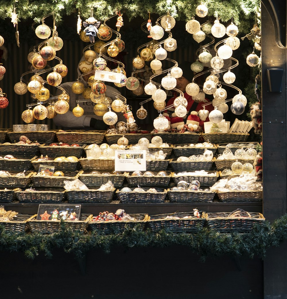 a display in a store filled with lots of ornaments