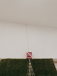 A no-smoking sign is mounted above a section of wall covered in artificial green grass. There are decorative lights arranged in a triangular pattern hanging down from the sign.