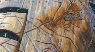 A close-up of an intricately detailed wooden structure resembling the head of an animal, possibly an elephant. The craftsmanship displays various wooden panels with visible bolts and joins, giving it an articulated and lifelike appearance. The eye, made from synthetic materials, adds a realistic touch.