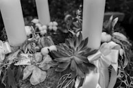 Close-up of refined table centerpiece combining black candles and golden ornaments.