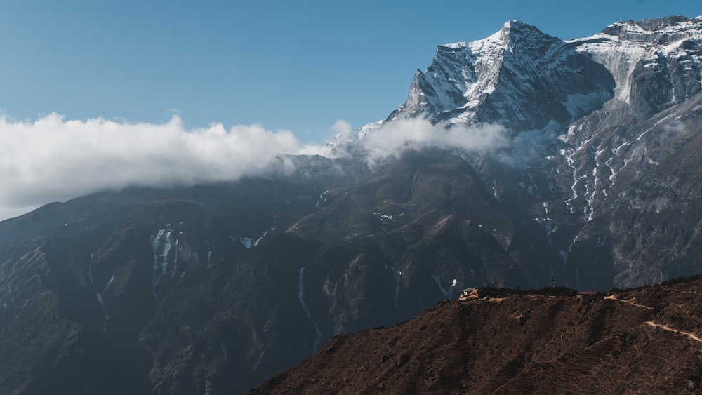 a view of a snow covered mountain from a distance