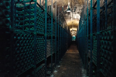 A dimly lit wine cellar with racks filled with bottles stretching along both sides. The ceiling features arched stonework, and a chandelier hangs in the center, casting a faint glow. The floor is made of aged stone tiles, giving an ancient and rustic atmosphere.