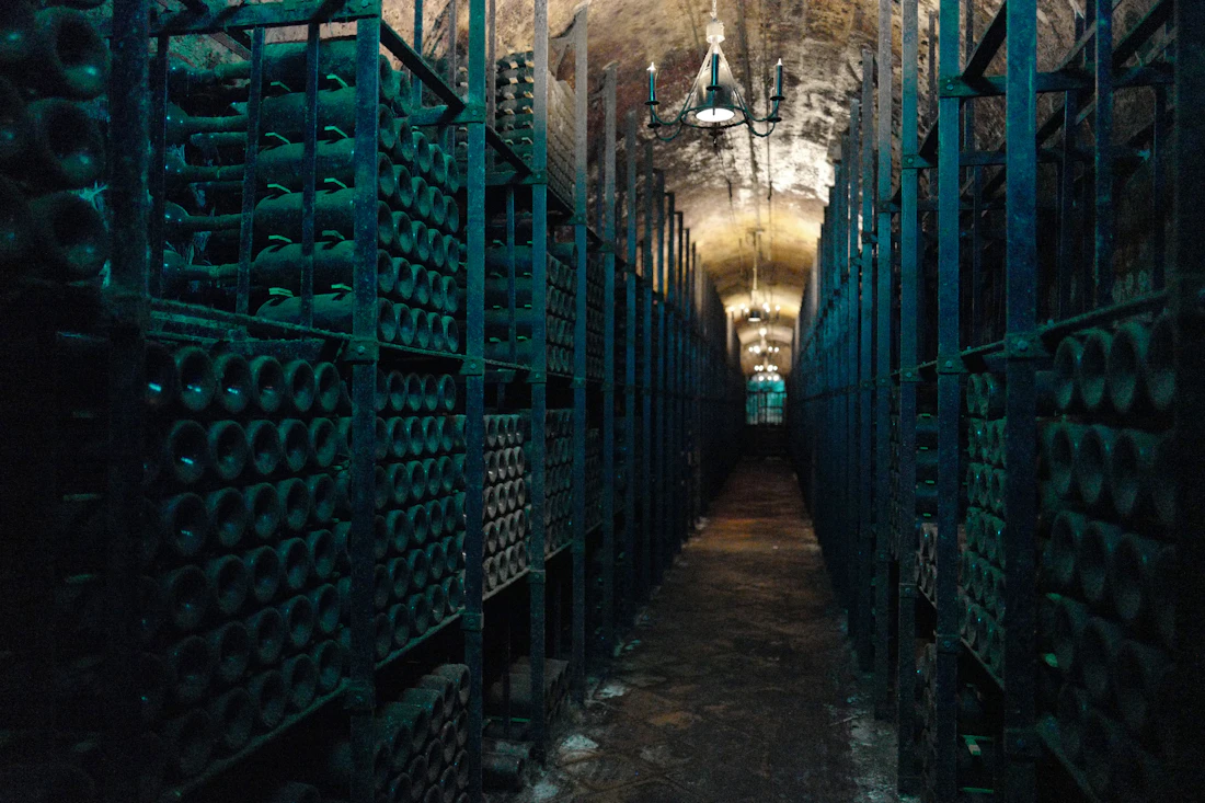 A narrow cellar tunnel lined with wine bottles