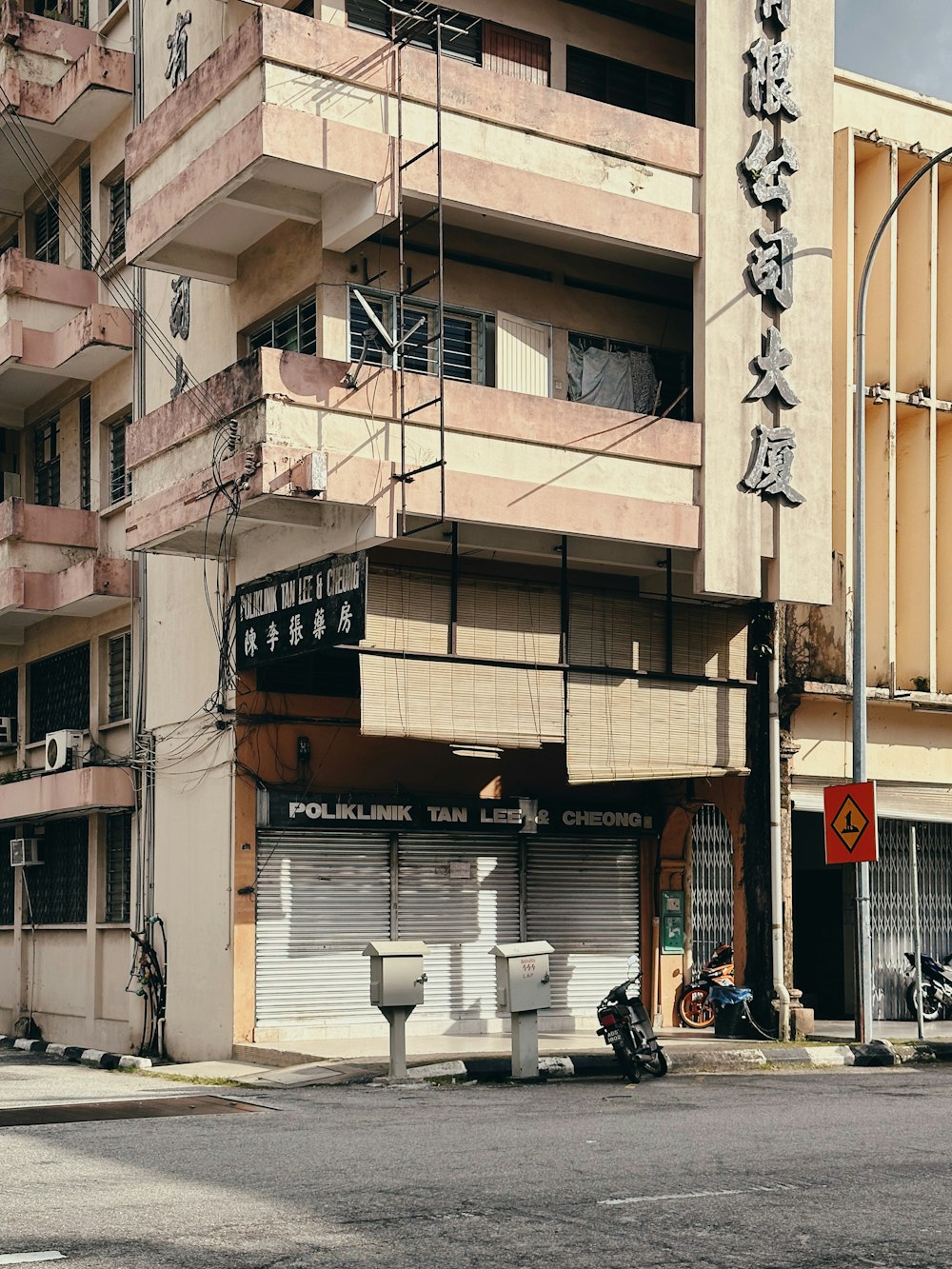 a building with a fire hydrant in front of it