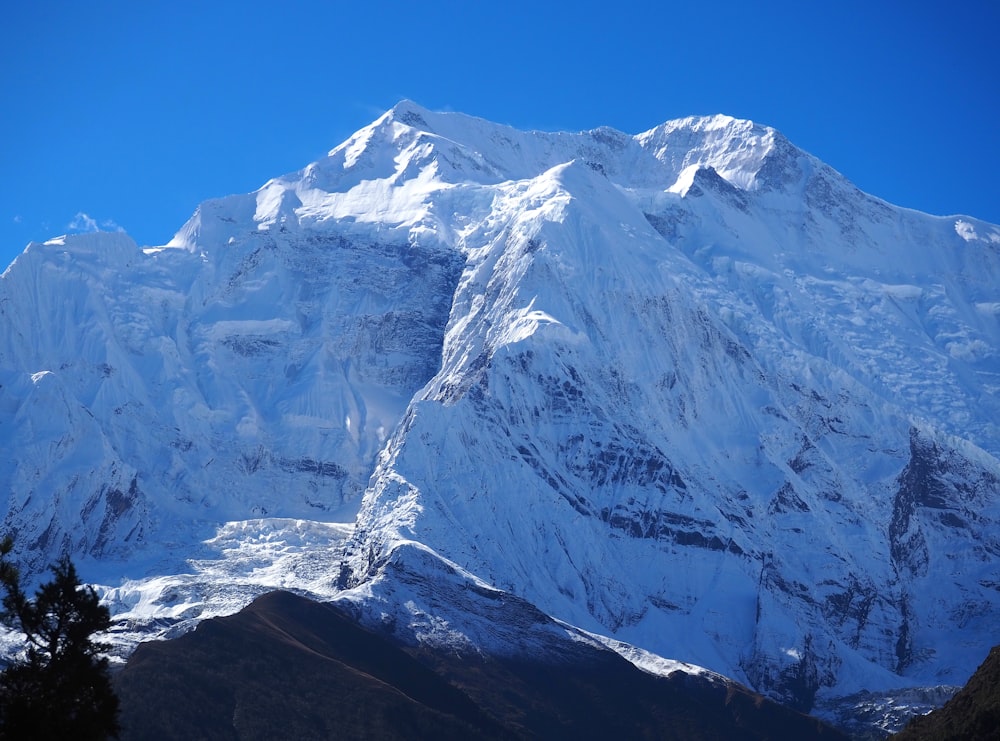 a large mountain covered in snow under a blue sky