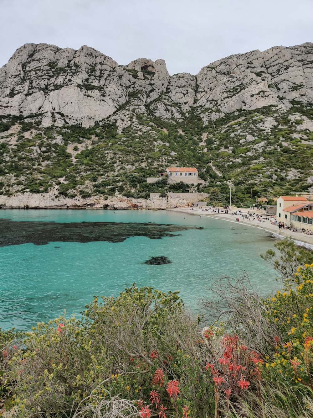 Una spiaggia con una montagna sullo sfondo