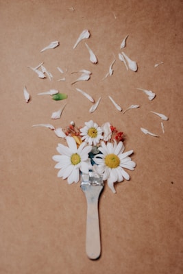 A paintbrush is adorned with fresh daisies and a few small red flowers. Petals are scattered around, creating a dynamic and artistic composition on a brown textured background.