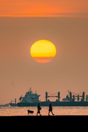 A large cargo ship is positioned on a calm sea, silhouetted against a vibrant, setting sun that dominates the sky. In the foreground, two people and a dog are walking along the shore, creating a peaceful and serene scene.