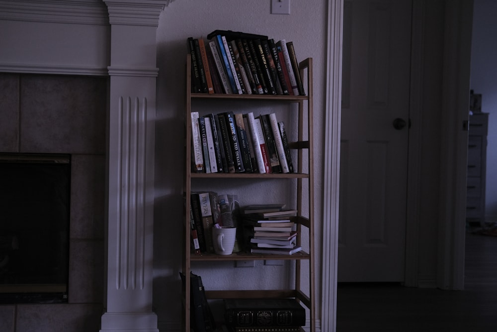a bookshelf filled with lots of books next to a fireplace