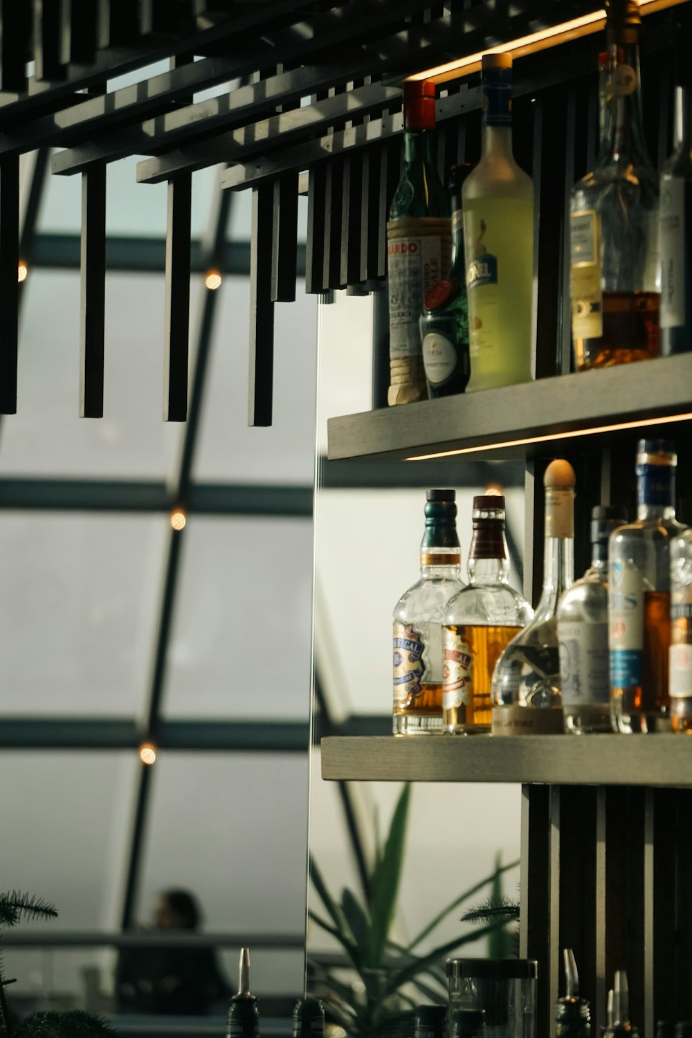 a shelf filled with bottles of alcohol next to a window