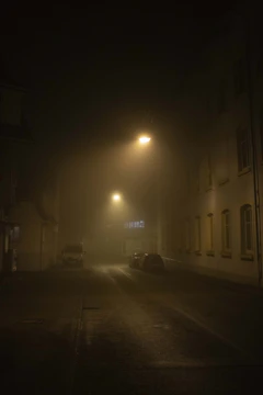 A dimly lit Brooklyn street at night, fog curling around vintage lampposts.
